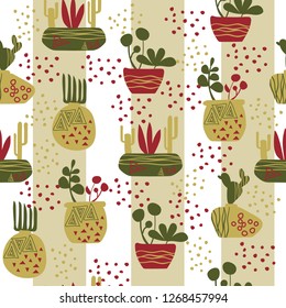 vector jungle pattern in flower vases and tropical cactus and leaves on white textured seamless background for use in design, textiles, wrapping paper, fashion