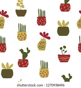 vector jungle pattern in flower vases and tropical cactus and leaves on white seamless background for use in design, textiles, wrapping paper, fashion