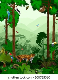 Vector Jungle Rainforest with different animals