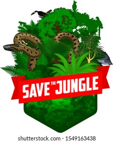 vector jungle rainforest emblem with anaconda, toucan, macaw ara, harpy eagle, monkey and peccary