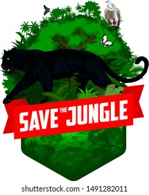 vector jungle rainforest emblem with  black panther, Griffon vulture and butterflies