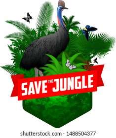 vector jungle rainforest emblem with cassowary and butterflies