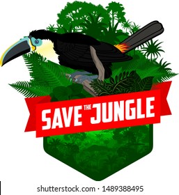 vector jungle rainforest emblem with channel-billed toucan