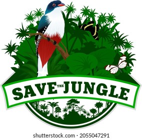 vector jungle rainforest emblem with  Cuban trogon and butterflies