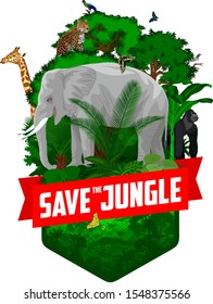 vector jungle rainforest emblem with elephant,  male gorilla, leopard, giraffe, Hartlaub's turaco and butterflies