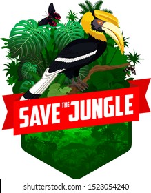 vector jungle rainforest emblem with great hornbill and butterflies