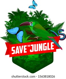 vector jungle rainforest emblem with green toucanet, blue Morpho butterfly and snake