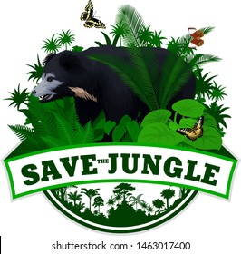 Vector Jungle rainforest Emblem with Indian sloth bear and butterflies