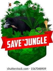 vector jungle rainforest emblem with Indian sloth bear, cobra and butterflies	
