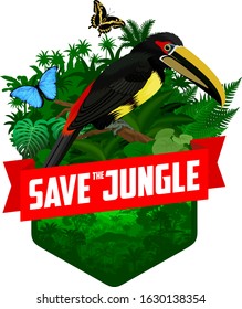 vector jungle rainforest emblem with pale-mandibled aracari toucanet and morpho butterflies	
	
