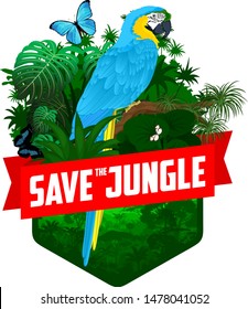 vector jungle rainforest emblem with parrot blue-and-yellow macaw, Morpho menelaus, Amazon beauty and Glasswing butterfly 