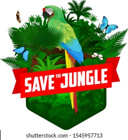 vector jungle rainforest emblem with parrot blue-and-yellow macaw, Morpho menelaus, Amazon beauty and Glasswing butterfly