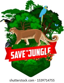 vector jungle rainforest emblem with puma cougar, toucan, parrot blue-and-yellow macaw, python and blue morpho butterfly