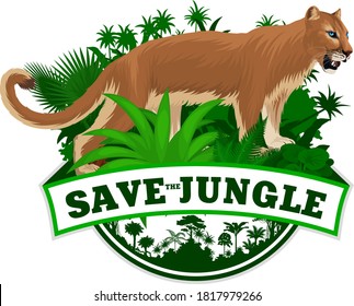 vector jungle rainforest emblem with Puma. Cougar, mountain lion 