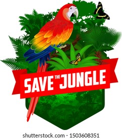 vector jungle rainforest emblem with  red scarlet Macaw ara parrot and butterflies