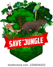 vector jungle rainforest emblem with tapir, jaguar, parrot green military macaw, anaconda and blue morpho butterfly