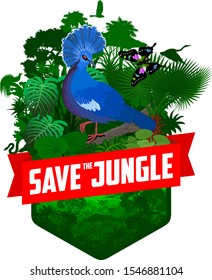 vector jungle rainforest emblem with victoria crowned pigeon, lesser bird of paradise, eagle, snake and butterfly