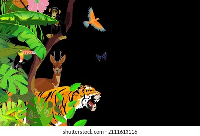 Vector jungle rainforest foliage  border illustration with elk, toucan, tiger, chimpanzee and butterflies