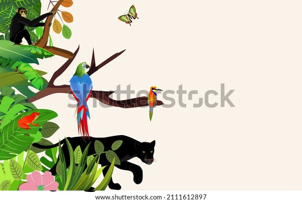 Vector\
jungle rainforest foliage  border illustration with panther, blue\
parrot, kingfisher chimpanzee ape and\
butterflies