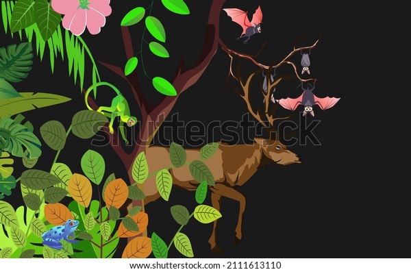 Vector jungle rainforest foliage  border\
illustration with deer, bats, green apes,\

