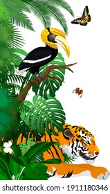 Vector jungle rainforest foliage vertical border illustration with tiger, great hornbill and butterflies