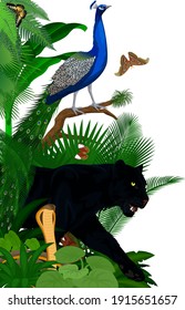 Vektor-Dschungelwald-Blätter vertikale Grenzgrafik mit King Cobra, schwarzer Panther, männlichen Pfauenpfauenbäumen und Schmetterlingen