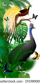 Vector jungle rainforest foliage vertical border illustration with cassowary, Lesser Bird of Paradise and birdwing butterflies