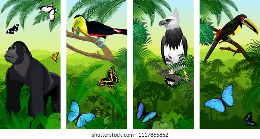 Vector Jungle rainforest vertical baner with male gorilla, pale-mandibled aracari toucanet,  harpy eagle , rainbow-billed toucan and morpho butterflies