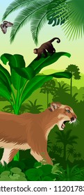 Vector Jungle rainforest vertical baner with puma cougar (Puma concolor) or mountain lion,  ape monkey capuchin and morpho butterfly