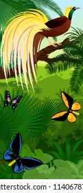 Vector Jungle rainforest vertical baner with Lesser Bird of Paradise with birdwing butterflies