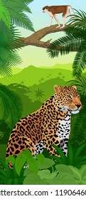 Vector Jungle rainforest vertical baner with jaguar or leopard and ape monkey