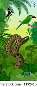 Vector Jungle rainforest vertical baner with Green anaconda, Crimson-rumped toucanet and tropical butterflies