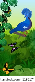 Vector Jungle rainforest vertical baner with victoria crowned pigeon and  New Guinea birdwings butterflies