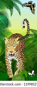 Vector Jungle rainforest vertical baner with jaguar or leopard and butterflies