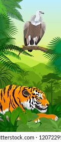 Vector Jungle rainforest vertical baner with Griffon vulture and tiger