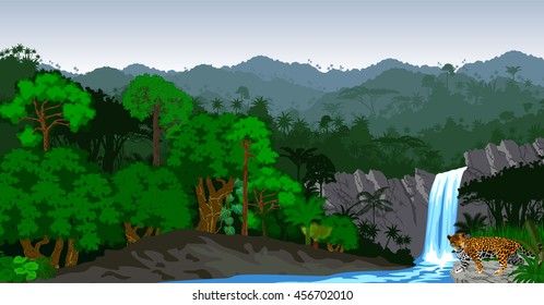 Vector Jungle Rainforest with waterfall and jaguar