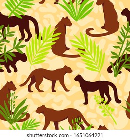 Vector jungle seamless pattern with jaguars’ outlines, spots and exotic plants. Tropical summer texture with leaves and cheetahs’ silhouettes. For wrapping paper, textile, apparel, foliage, linen.
