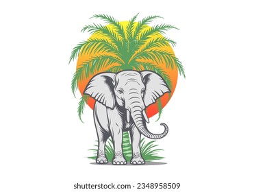 Vector jungle. A small gray graphic baby elephant with small tusks stands against the backdrop of a palm tree and the sun. Cartoon sunset or sunrise. White isolated background.