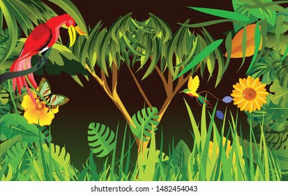 vector jungle theme illustration with birds, exotic plants.Red Bird sits on the tree, colibri. Tropical floral frame with blue sky. Design template
