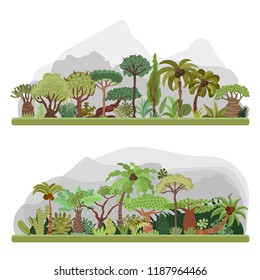 Vector jungle trees collection, tropical jungle flat illustration with palms, rainforest, tropical jungle elements. All tropical forest trees in one background, tropical rainforest, jungle forest flat