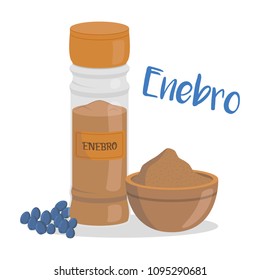 Vector juniper illustration isolated in cartoon style. Spanish name. Herbs and Species Series