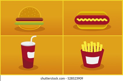 Vector Junk Food. Hamburger, Hotdog, Soda, and french fries.