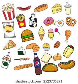 Conjunto de comida chatarra de Vector, ilustración de dibujos animados de Vector