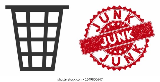 Vector junk icon and rubber round stamp seal with Junk caption. Flat junk icon is isolated on a white background. Junk stamp seal uses red color and dirty texture.