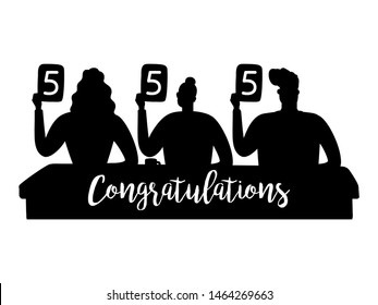 Vector jury silhouettes gave the highest marks illustration. Judging silhouette and sign congratulations. Jury competition, judge holding score