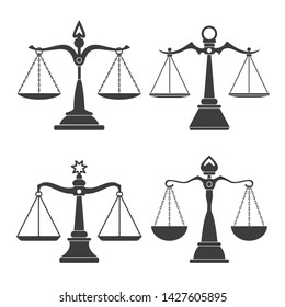 Vector justice scales. Justices scale set or simple court decision icons, corruption and law balancing isolated on white background