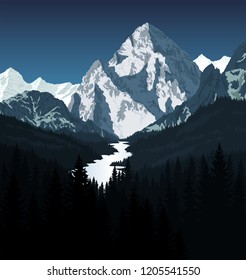 vector K2 mountain with river in woodland