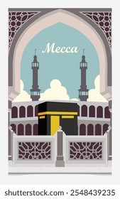 Vector de la Kaaba en la Gran Mezquita de La Meca, Arabia Saudita. La Qibla de la adoración musulmana. Vector islámico de fondo