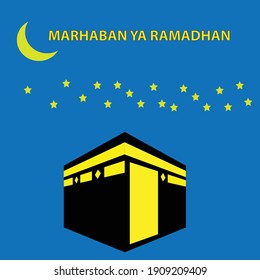 A vector of Kaabah with moon and star with the word Marhaban Ya Ramadhan or welcome Ramadan