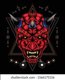 vector kabuki illustration. red devil face illustration. head of red demon. japanese demon mask
